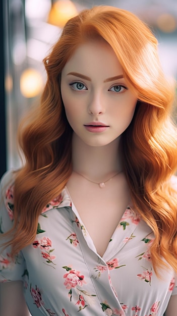 Beautiful woman with long red curly hair red head Generative AI