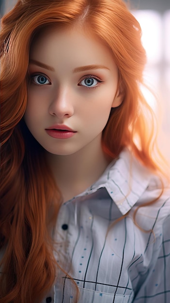 Beautiful woman with long red curly hair red head Generative AI