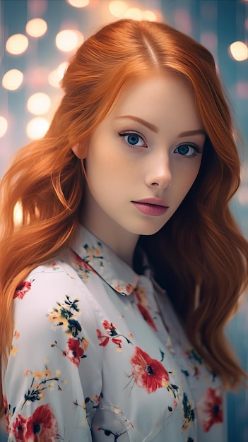 Beautiful woman with long red curly hair red head Generative AI