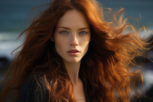 a beautiful woman with long red hair and blue eyes