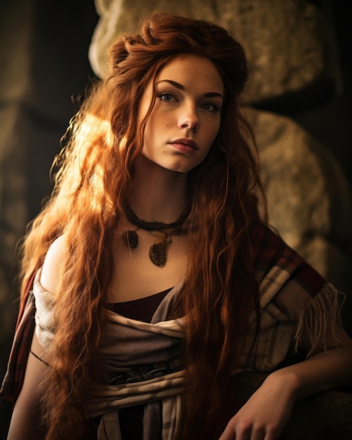 A beautiful woman with long red hair and a necklace