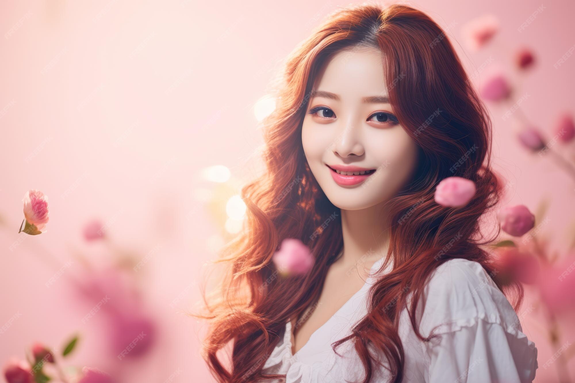 Premium AI Image a beautiful woman with long red hair and pink flowers