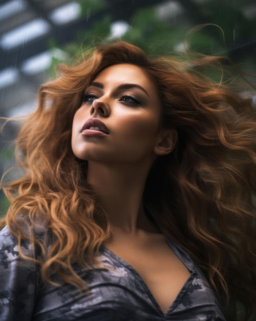 a beautiful woman with long red hair in the rain