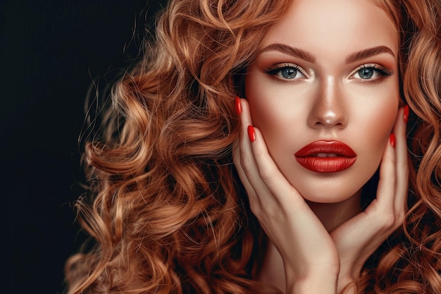 Beautiful woman with long shiny wavy hair and red nails