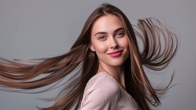 beautiful woman with long straight shiny healthy brown hairs looking at camera