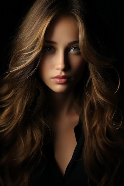 beautiful woman with long wavy hair on black background