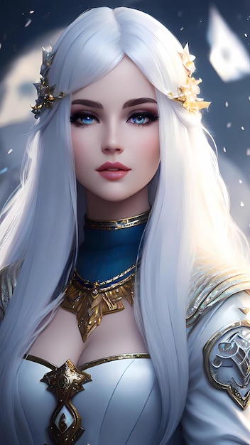 A beautiful woman with long white hair and a blue eyes