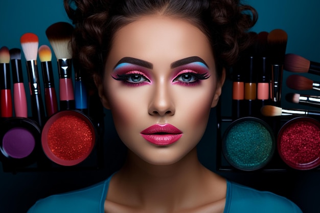 Beautiful woman with makeup cosmetic tools near her