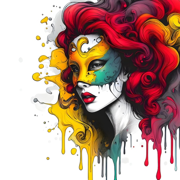 Beautiful woman with mask and colorful paint splashes Vector illustration