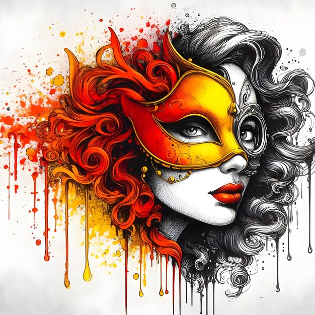 Beautiful woman with mask and colorful paint splashes Vector illustration