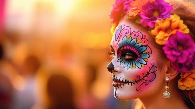 Beautiful woman with Mexican skulls makeup on her face and dressed for Day of the Dead in Mexico