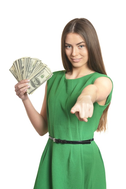 Beautiful woman with money on white background