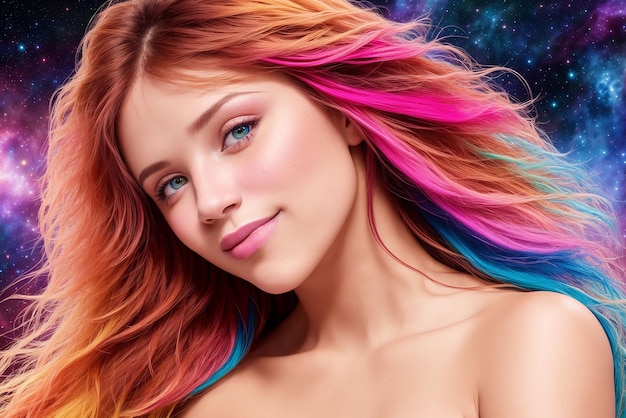 Foto una bella donna dai capelli multicolori guarda la telecamera sullo sfondo di un cielo cosmico colorato con stelle e pianeti ia generativa