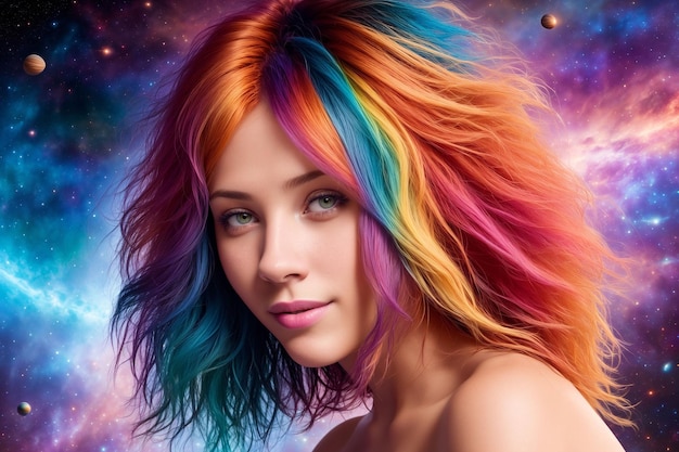 A beautiful woman with multicolored hair looks at the camera against the backdrop of a colorful cosmic sky with stars and planets Generative AI