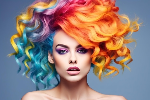 Beautiful woman with multicolored rainbow hair and creative make up and hairstyle Beauty face Generative Ai