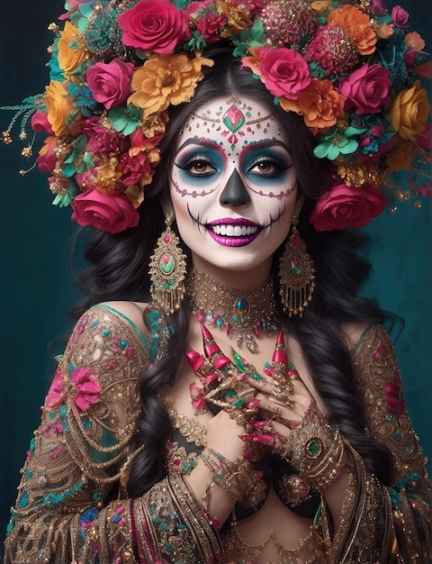 beautiful woman with painted skull on her face for Mexico's Day of the Dead