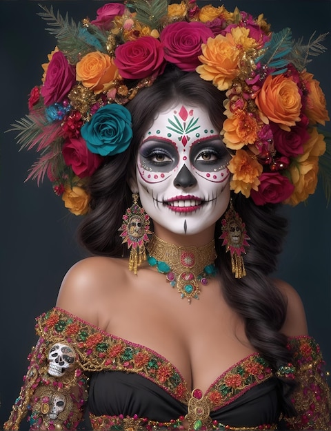 beautiful woman with painted skull on her face for Mexico's Day of the Dead