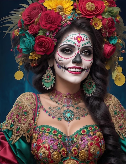 メキシコの死者の日のために顔に頭蓋骨を描いた美しい女性