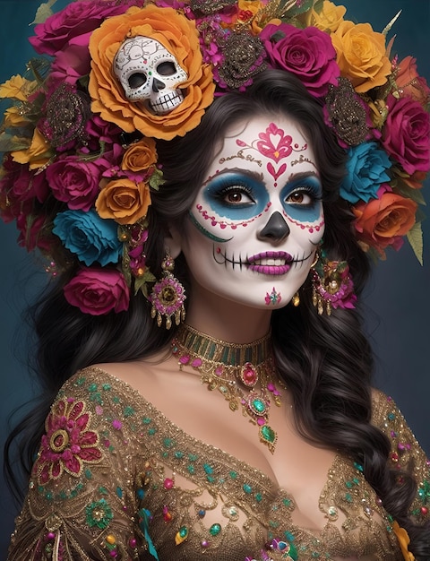 メキシコの死者の日のために顔に頭蓋骨を描いた美しい女性