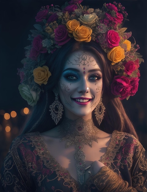 Красивая женщина с нарисованным черепом на лице на Мексиканский день мертвых
