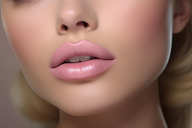 Beautiful woman with pastel pink lips closeup white skin on pink background