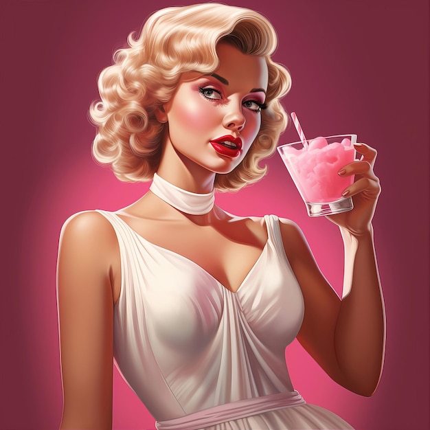 Foto bella donna con un cocktail rosa in mano illustrazione vettoriale