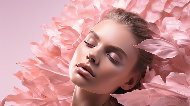 Beautiful woman with pink leaves organic cosmetics concept studio background ai generated