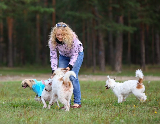 遊び心のある若い犬と美しい女性