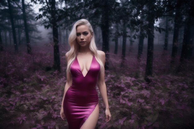 Beautiful woman with purple hair in the pink swimsuit