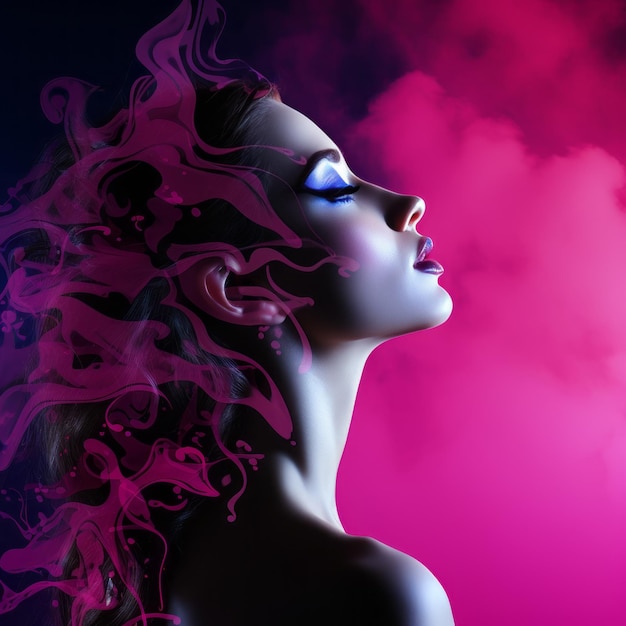 beautiful woman with purple smoke in her hair