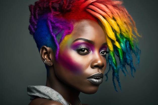 虹色の髪を持つ美しい女性多様性寛容包摂の概念他とは異なり、ユニークであるファッショナブルな人物のカラフルなクローズ アップの肖像画ジェネレーティブ AI