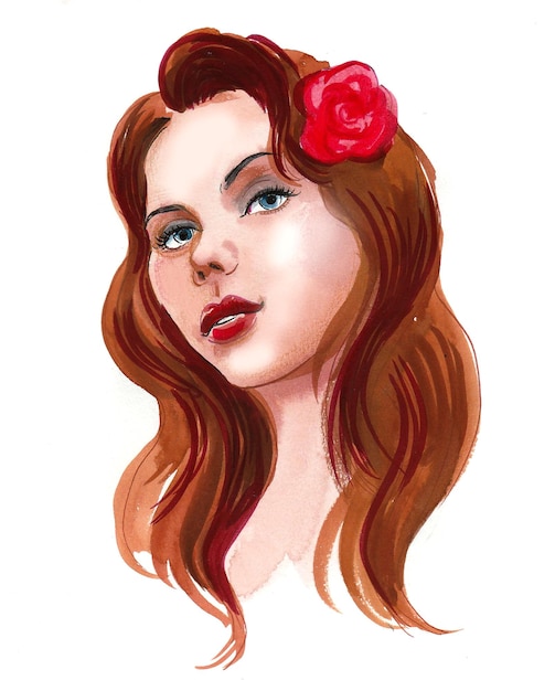 Beautiful woman with a red flower in her hair. Ink and watercolor drawing