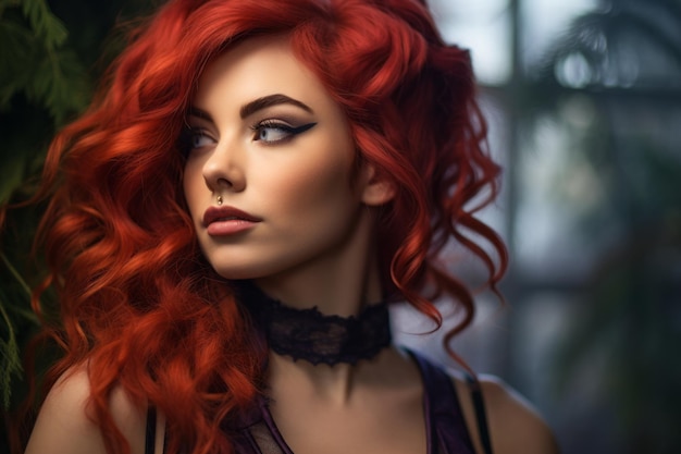 a beautiful woman with red hair posing for the camera