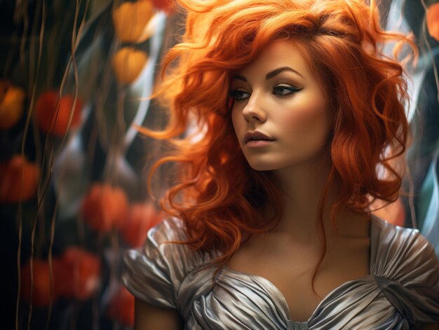 a beautiful woman with red hair in a silver dress