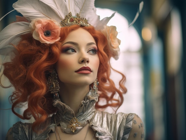 a beautiful woman with red hair wearing an ornate headpiece