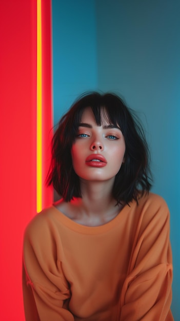 A beautiful woman with a red lips and a orange shirt posing for a picture on a colored background