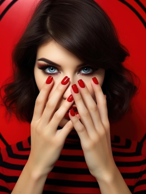 Beautiful woman with red manicure and bright red lips Illustration AI Generative