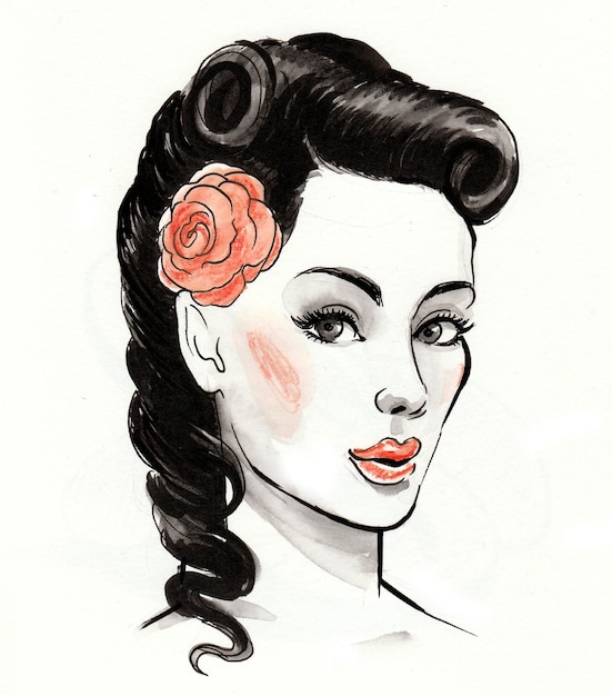 Photo beautiful woman with red rose flower in her hair. ink and watercolor drawing