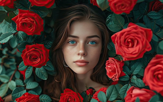 a beautiful woman with red roses professional advertising post photo ai generated