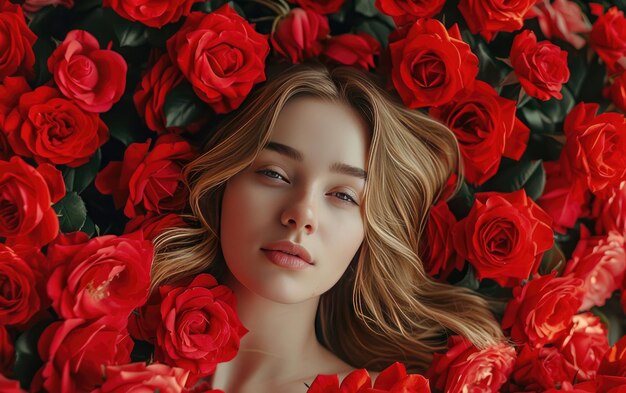 красивая женщина с красными розами профессиональная рекламная запись фото ai сгенерировано