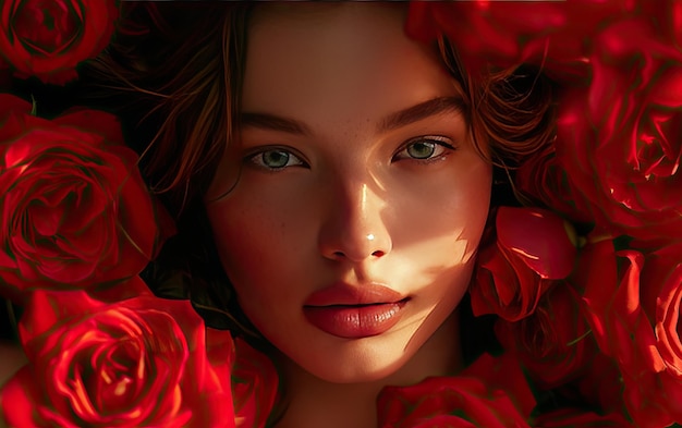 a beautiful woman with red roses professional advertising post photo ai generated