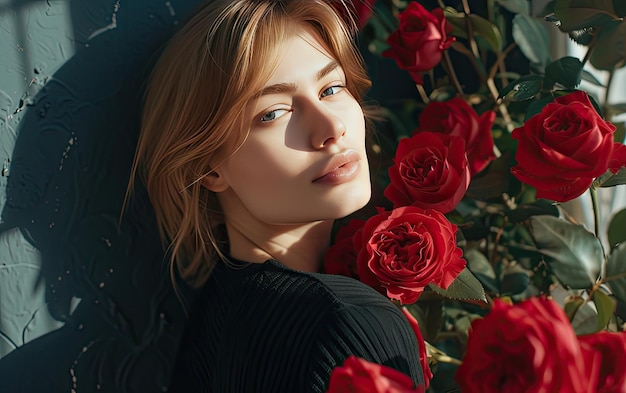 a beautiful woman with red roses professional advertising post photo ai generated