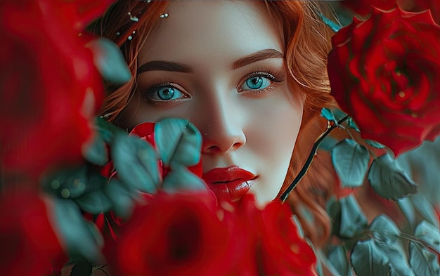 Photo a beautiful woman with red roses professional advertising post photo ai generated