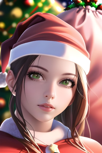 겨울 크리스마스 트리 앞에서 산타복을 입은 아름다운 여인