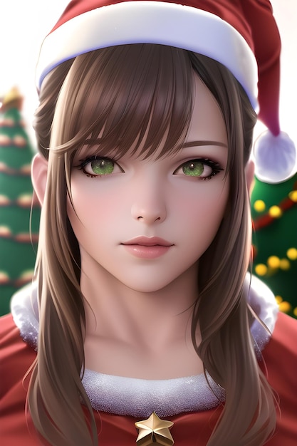 冬のクリスマス ツリーの前でサンタ スーツと美しい女性