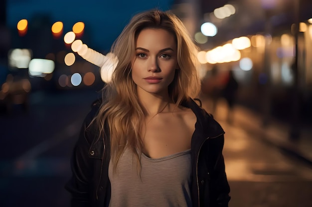 A beautiful woman with smille night city lights background Ai generated