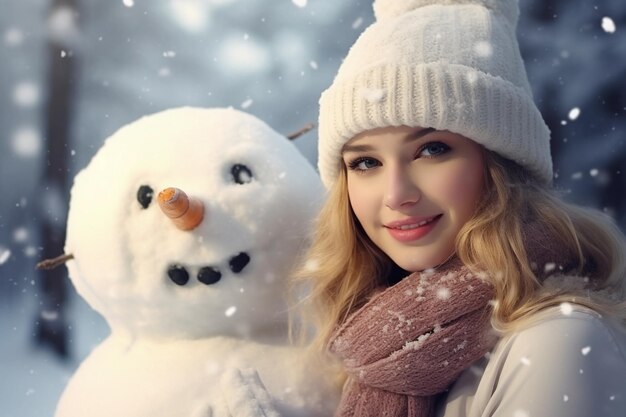 Photo beautiful woman with a snowman in winter ai generated