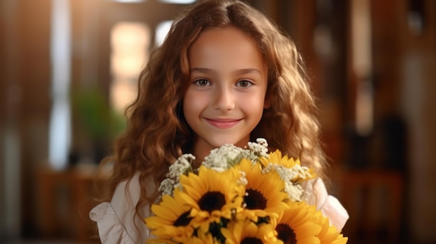 Beautiful woman with sunflower bouquet