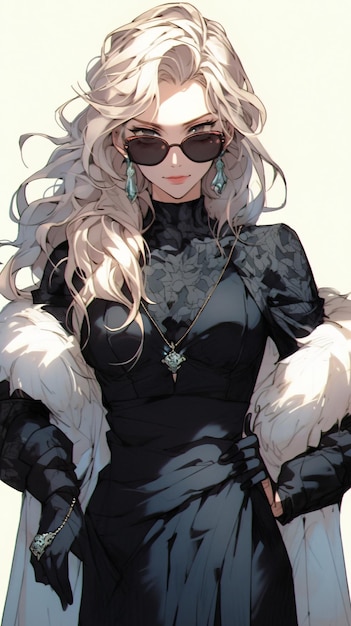 a beautiful woman with sunglasses and long blond hair and a black dress illustration