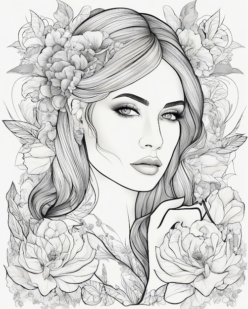 Красивая женщина с татуировками цветная книга стиль темно-романтическая иллюстрация черно-белый